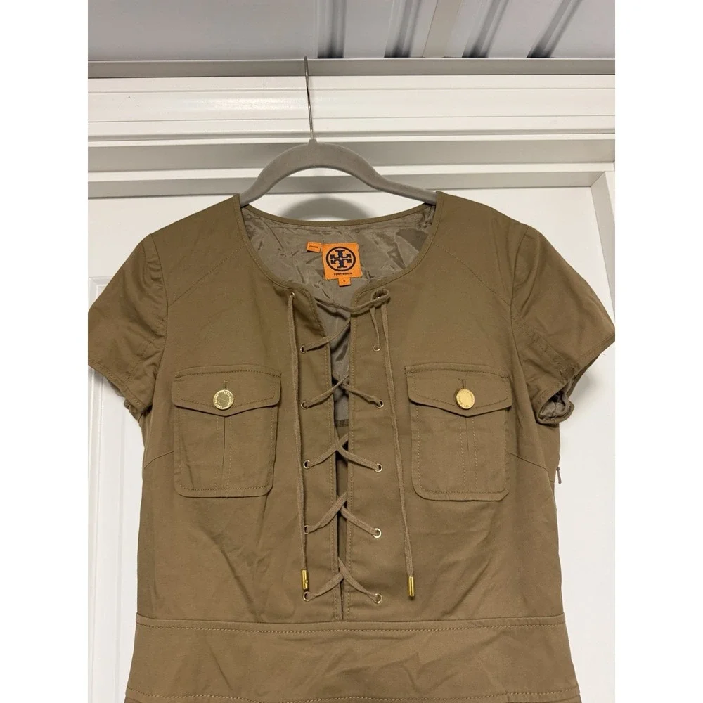 Tory Burch Farla Safari lace-up dress, Brown W/Gold Details, Size 6